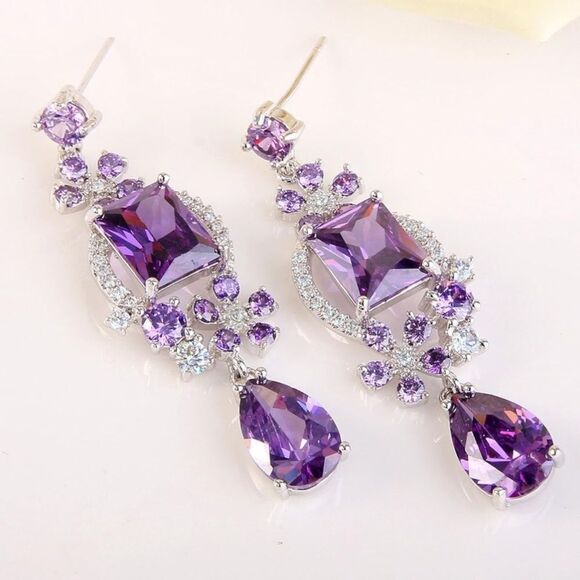 Silver with Purple Amethyst and White Diamond CZ Floral Chandelier Post Earrings - Picture 2 of 6